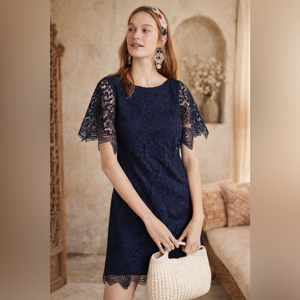 Anthropologie Charleston Lace Sheath Mini Dress Sz 2 Navy Blue Flutter Sleeve